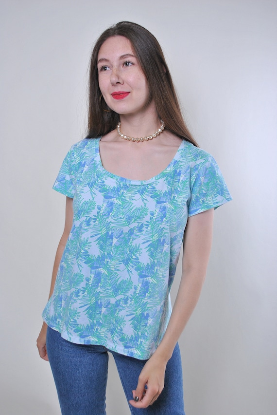Vintage Floral Tee: 90s Blue Palm Print T-Shirt (Size L)
