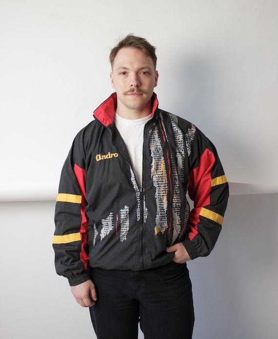 90s Colorblock Track Jacket Vintage Black Red Yellow Zip Shell Windbreaker Size XL