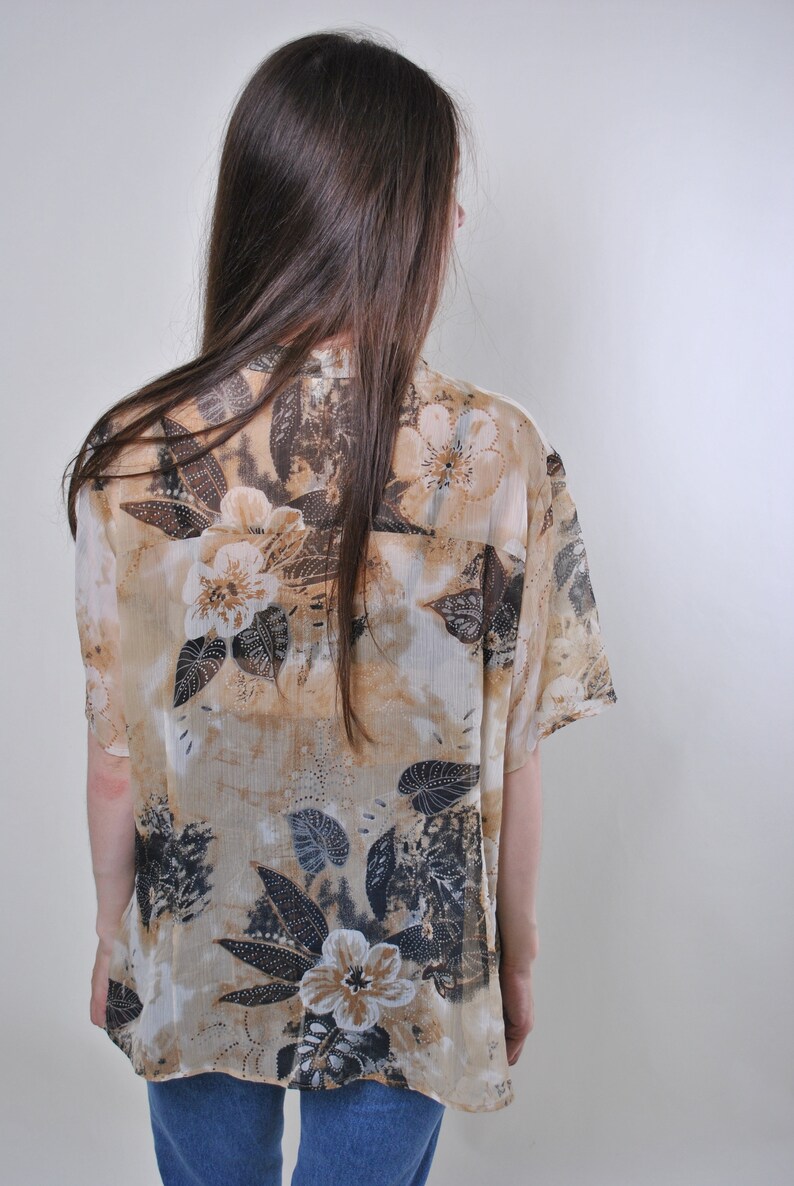 Women vintage beige floral print summer short sleeve blouse Size XL
