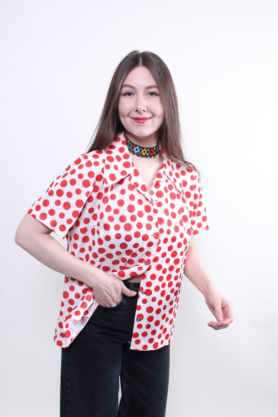 Vintage polka dot blouse, 90s white red shoulder pads retro button-up shirt, Size M