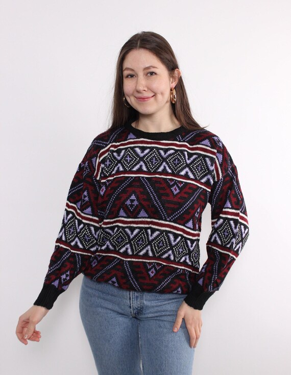 80s Geometric Pattern Knit Sweater Black Burgundy Aztec Crew Neck Cosby Jumper Medium