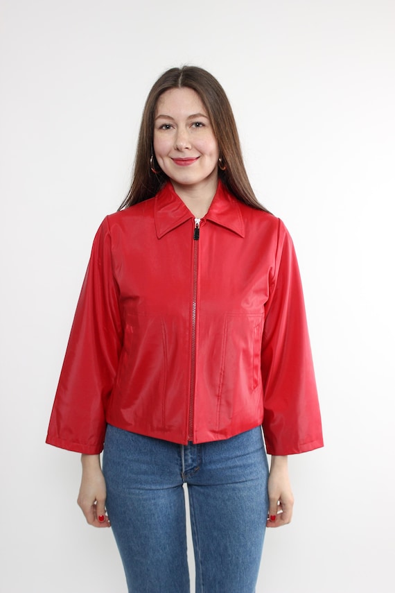 90s minimalist jacket in red, vintage crop collared jacket, Size M