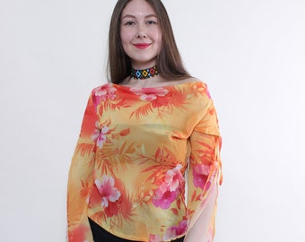 90s flowers print blouse, vintage orange sheer summer top, Size M