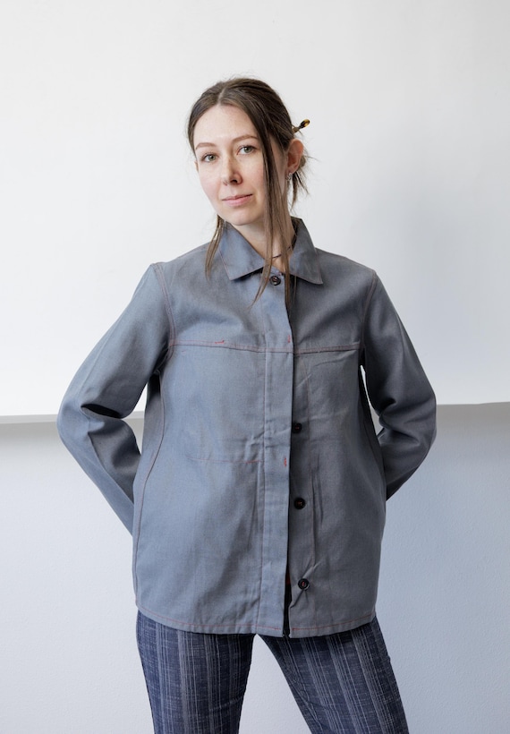 90s Grey Chore Jacket Workwear Contrast Stitch Cotton Utility Work Coat Boxy Shirt M