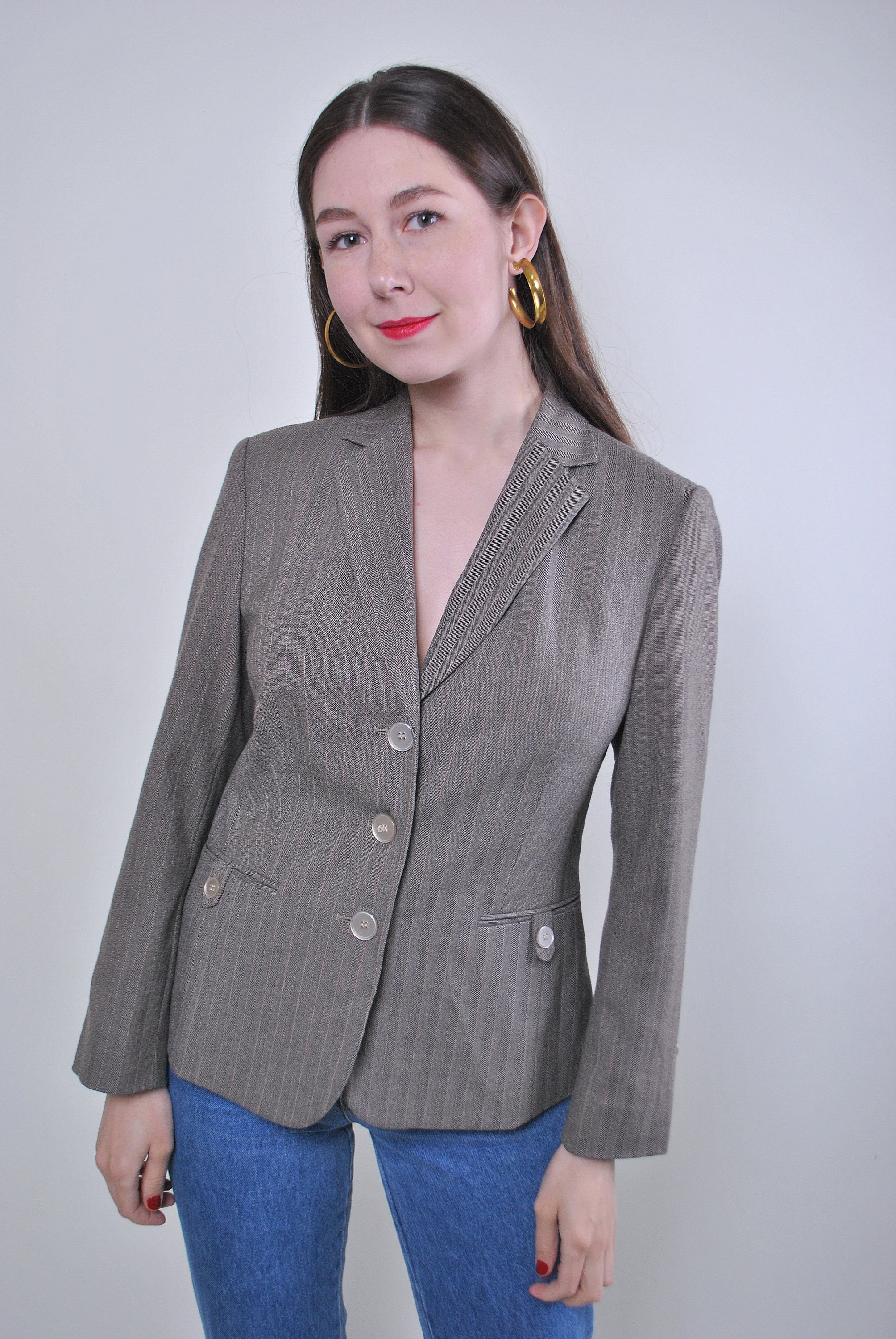 90s Women Grey Striped Minimalist Office Suit Blazer Size M - Etsy