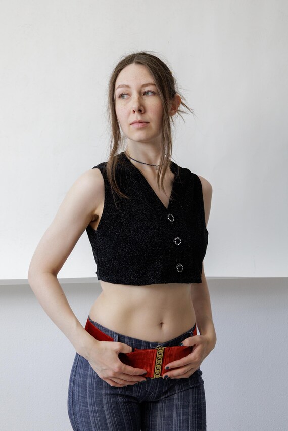 90s Sparkly Lurex Crop Waistcoat Black Glitter Rhinestone Button Collared Vest Top M