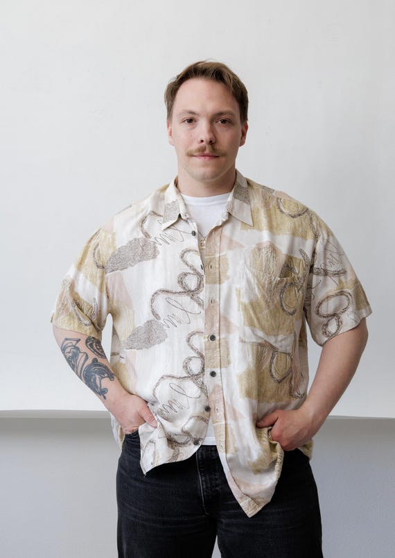 80s Pastel Abstract Shirt Vintage Cotton Neutral Oversized Mens Button Up Size XL