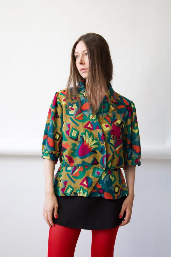 80s Abstract Geometric Print Peplum Blouse Size L