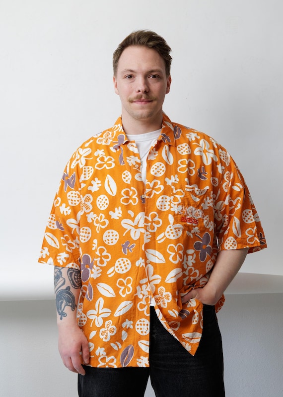 Orange Floral Print Mens Shirt 90s Boxy Italian Vintage Souvenir Size L