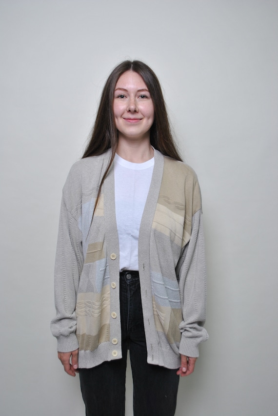 90s pastel patchwork knit cardigan oversized grandpa button up sweater, size Large