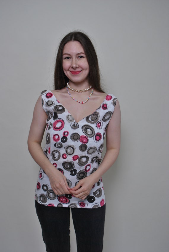 90s Vintage Abstract Cotton Tank Top: Sleeveless V-Neck Blouse, Size M
