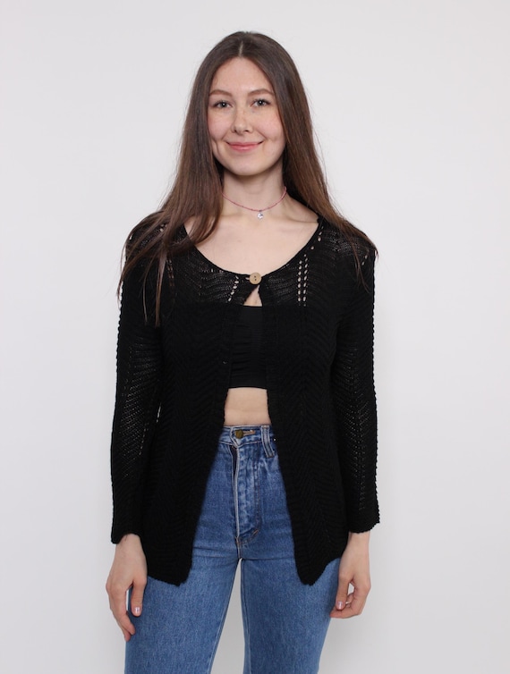 Black Open Knit Cardigan Single Wood Button Crochet Detail Blouse Vintage 90s M