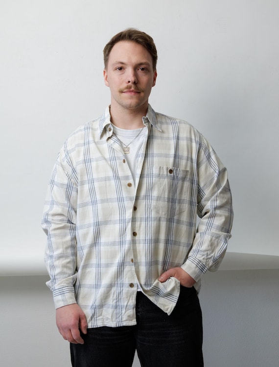 90s Cream Blue Plaid Flannel Button Shirt Vintage Oversized