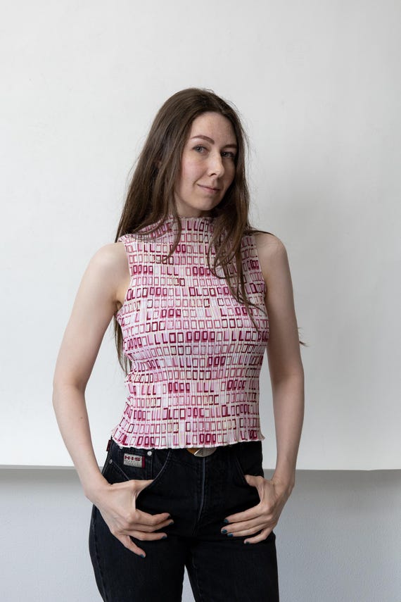 Pink Pleated Mock Neck Tank Y2K Geometric Print Crop Top Coquette, M