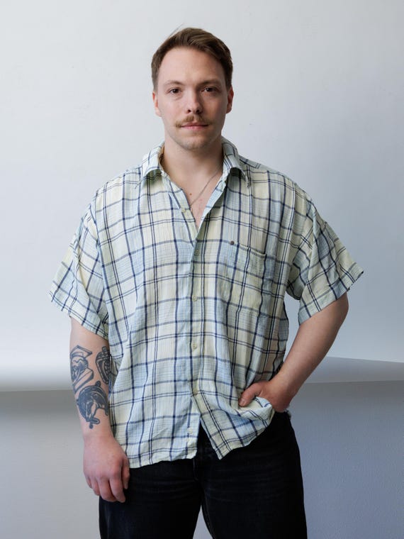 Pale Yellow Plaid Shirt Oversized Short Sleeve Boxy 90s Mens L