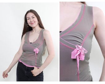 Y2k crop top, sheer tank top, 2000s pink top with funky bow, Size M