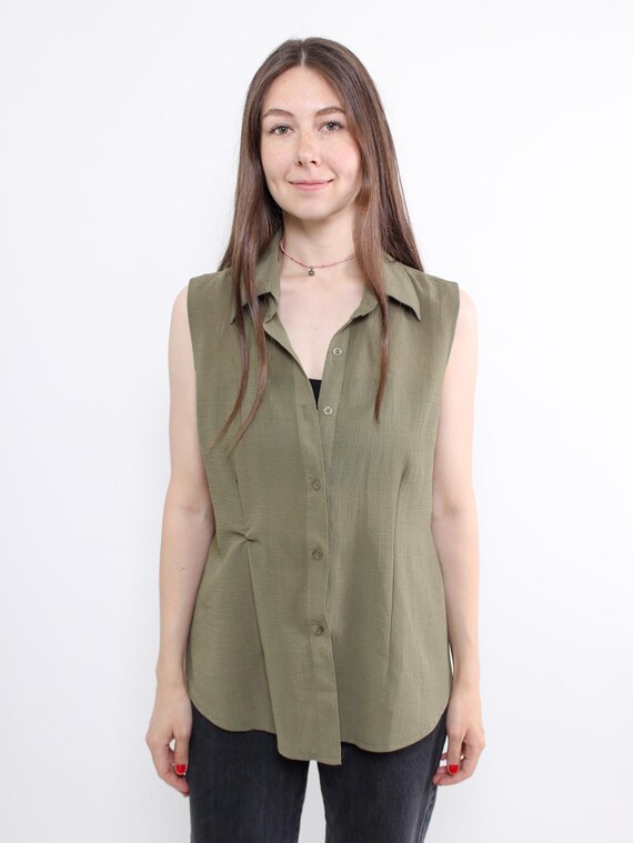 Olive Green Crinkle Sleeveless Button Up Collared Blouse Size XL