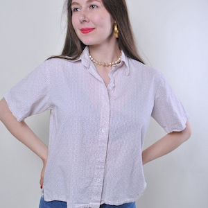 Women vintage white polka dot multicolor short sleeve blouse, Size M