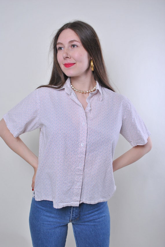 Women vintage white polka dot multicolor short sleeve blouse, Size M