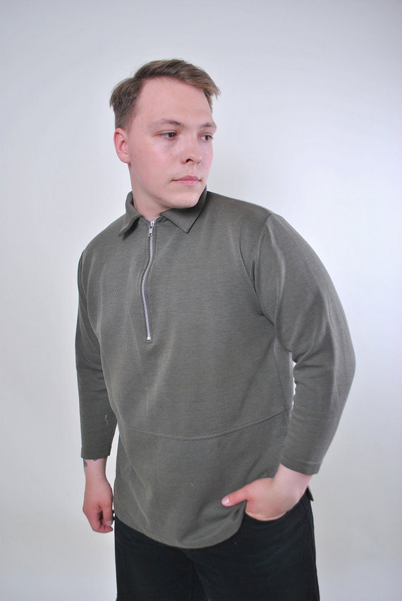 90s green collared sweatshirt, Vintage minimalist zipped up jumper, Size XL