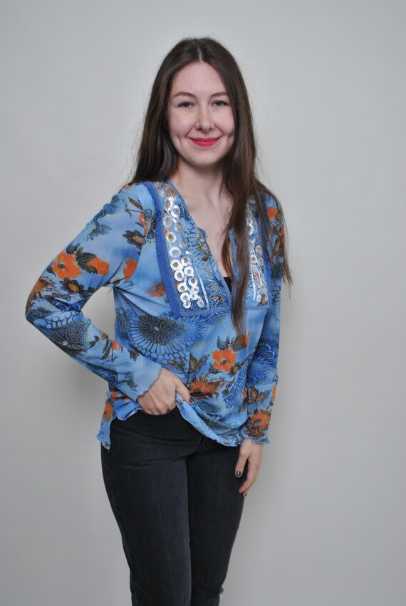 Y2k Blue Mesh Floral Top Sequin Yoke V-Neck Orange Flower Print Boho Blouse M