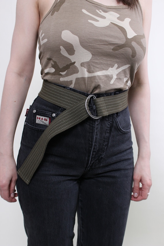Vintage Y2K Canvas D-Ring Belt: Khaki Green Striped Oversized Utility Style Cotton Belt
