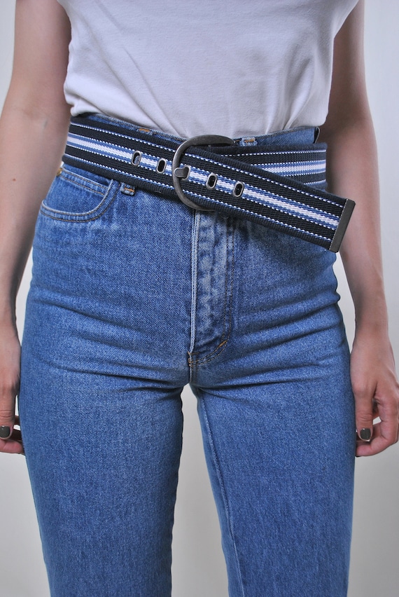 90s Blue Striped Woven Belt Vintage D-Ring Canvas Webbing Preppy Nautical Unisex