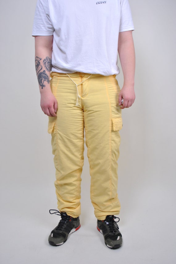 90s Butter Yellow Ski Trousers Vintage Nylon Cargo Pocket Snow Pants Size L