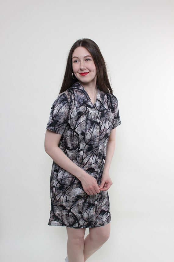 80s abstract print mini dress, vintage short sleeve collared dress, Size M