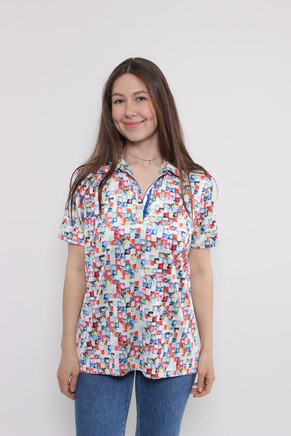 90s multicolor abstract blouse, vintage funky print summer top, Size M