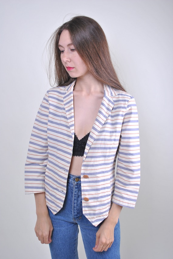 90s Casual light blazer vintage striped pattern beige color woman jacket, Size S