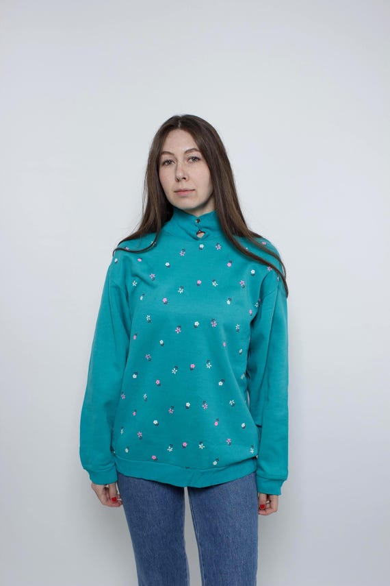 Ditsy Floral Print Teal Mock Neck Sweatshirt Cotton 80s M