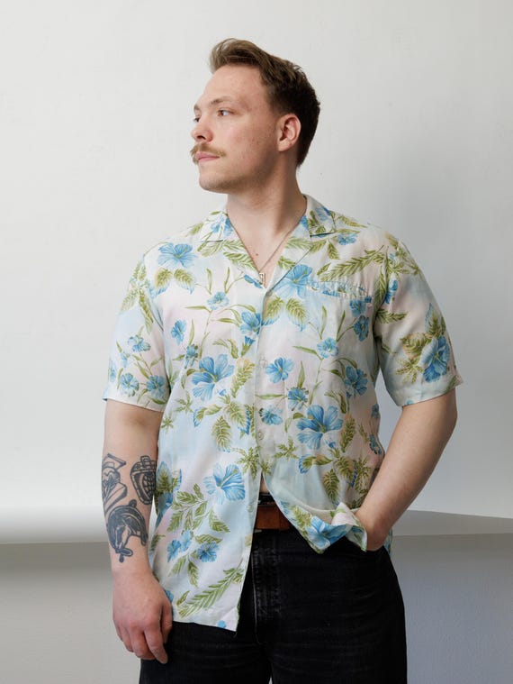 Hawaiian Shirt Camp Collar Tropical Floral 90s Vintage Button Up Blue Hibiscus L