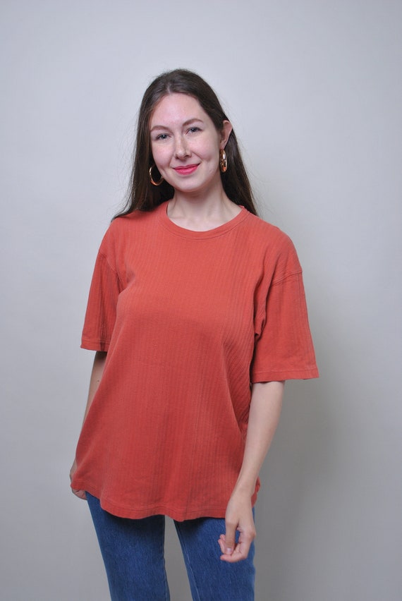 90s Rust Orange Ribbed Tee Vintage Crew Neck  Boxy Oversized Cotton T Shirt Medium