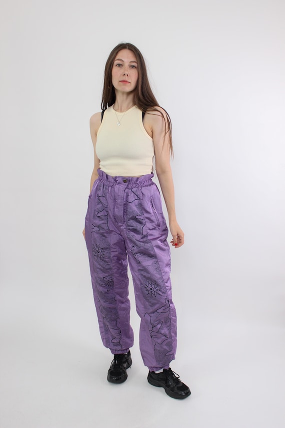 90s Vintage Purple Ski Pants, Retro High-Waisted Nylon Winter Snow Pants, Size L