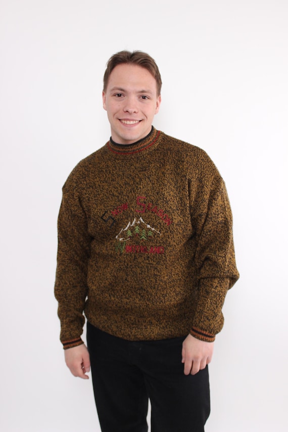 Vintage 80s Wool Knit Sweater: Embroidered Mountains Ski Pullover (Size M)