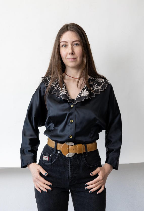 90s Black Satin Blouse Vintage Embroidered Scallop Collar Floral Bishop Sleeve Size M