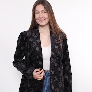 Blazer noir à imprimé abstrait des années 90, veste de costume à motif floral vintage, taille L