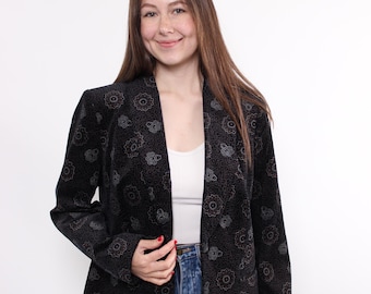 90s abstract print blazer in black, vintage floral design suit jacket, Size L