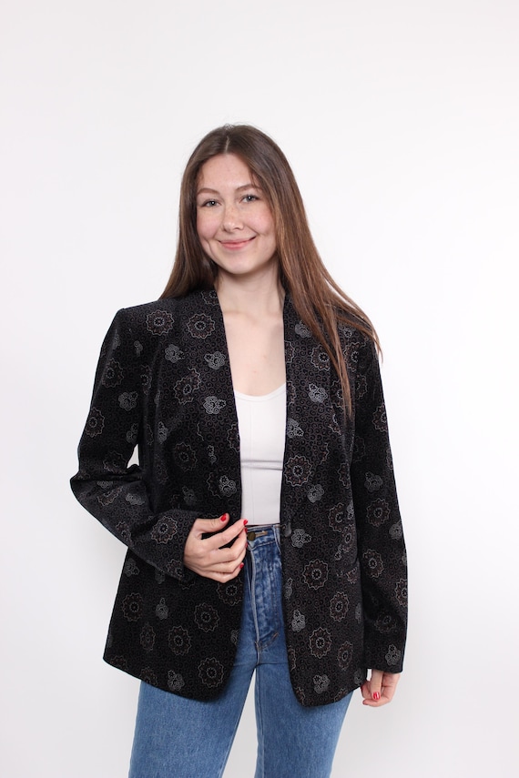 90s abstract print blazer in black, vintage floral design suit jacket, Size L