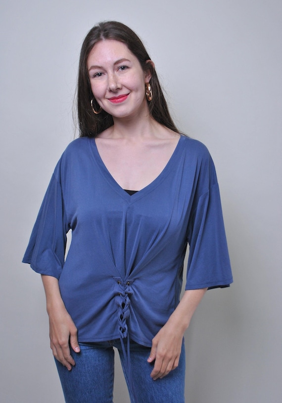 y2k Dusty Blue Lace Up Top Drape Jersey V-Neck Dolman Sleeve Blouse Size M