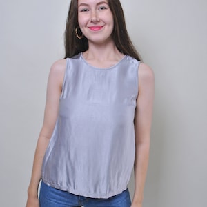 90s Vintage Satin Tank Top - Grey Minimalist Crop Top (Size M)