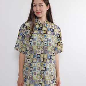 80s abstract print funky button through blouse, vintage multicolor blouse with shoulder pads, Size M