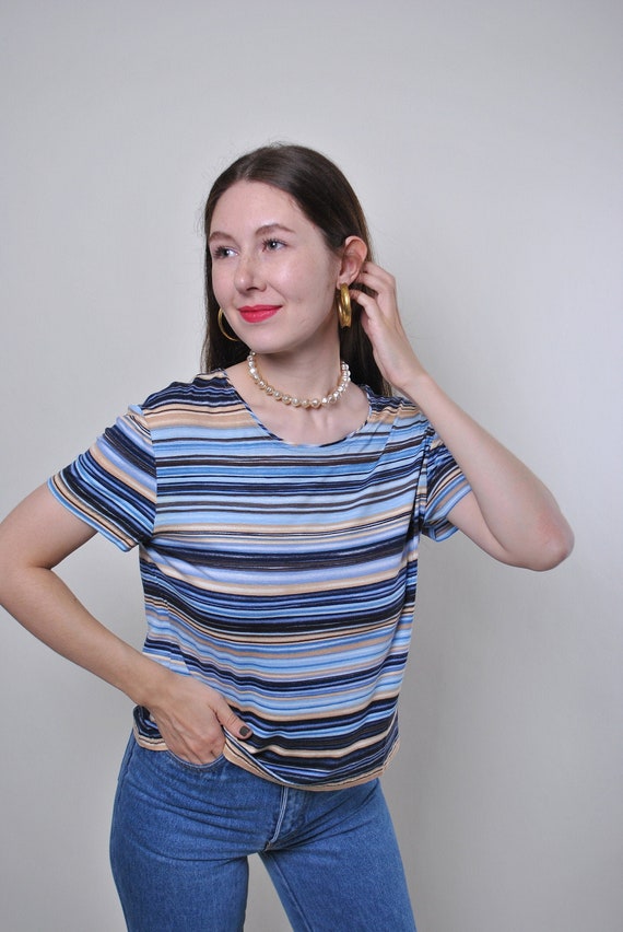 90s multicolor striped t-shirt, vintage minimalist colorful cropped tee, Size M