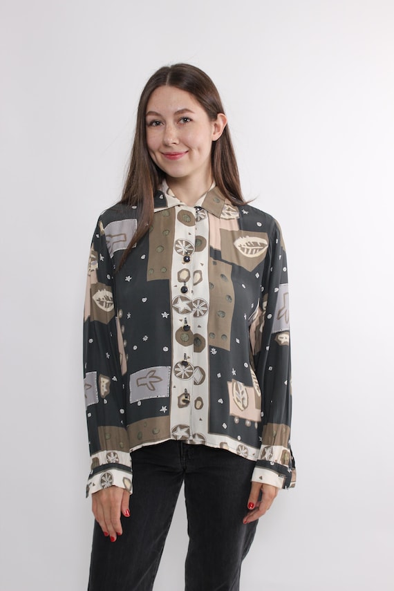 Vintage 90s Abstract Print Blouse, Earth Tone Viscose Button Up Shirt, Size M
