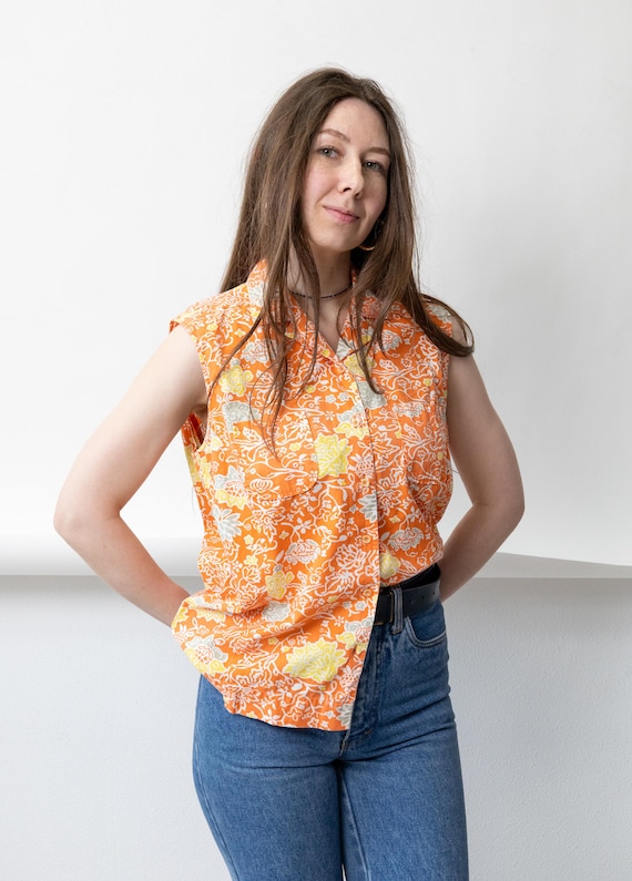 90s Orange Boho Floral Blouse Vintage Sleeveless Pocket Button Up Shirt Size M
