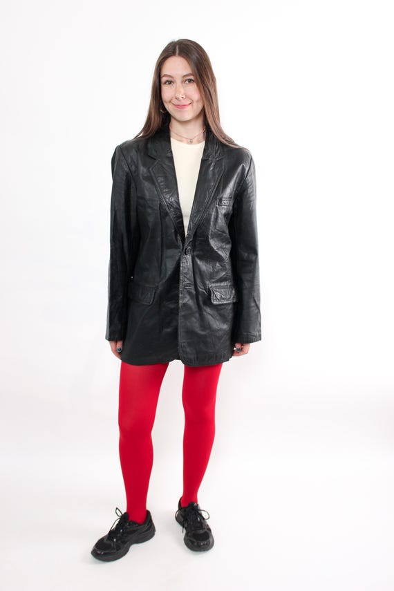 Vintage 90s Black Leather Trench Coat, Longline Jacket with Polyester Lining, Size L