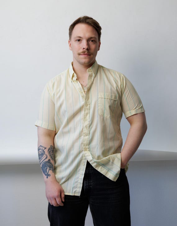 Butter Yellow Shirt Aqua Stripe Short Sleeve Boxy Mens Preppy M
