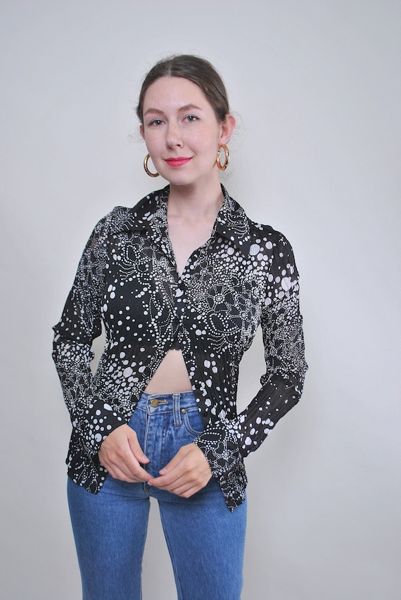 90s flowers print blouse in black, vintage button front  sheer blouse, Size S
