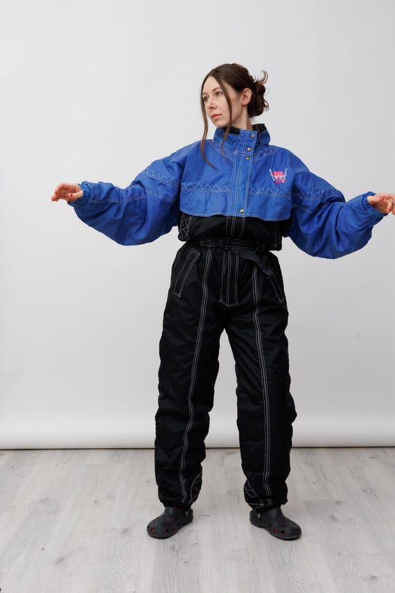Royal Blue Black Zigzag Stitch Cape Yoke Belted Vintage Ski Suit Jumpsuit Tall Size XL